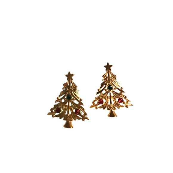 WOMENS GOLD TONE CHRISTMAS TREE WITH COLOR ORNAMENT STONE EARRINGS - Picture 1 of 4